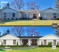 before and after photos of a brick ranch house