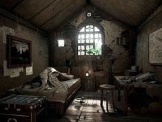 a room with a bed, desk and window that has an old fashioned clock on the wall