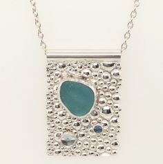 Sea Glass and Bubbles Necklace Ocean-inspired Silver Glass Jewelry, Ocean-inspired Silver Necklace With Recycled Glass, Silver Ocean-inspired Necklace With Recycled Glass, Ocean-inspired Silver Glass Necklace, Dark Aqua, Metal Clay Jewelry, Bubble Necklaces, Metal Clay, Rolo Chain