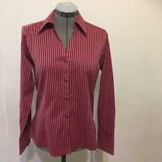 Nwot , Beautiful Button Down Top Burgundy With White And A Tiny Line Of Black Stripes Five Front Buttons Four Buttons In Each Sleeves Wrinkle Resistant A Stretch 96% Cotton Please Check All The Photos For Measurements And Details. Bundles Of Two Or More Discount Reasonable Offers Welcome Red Button-up Shirt For Office, Classic Fitted Red Blouse, Classic Red Fitted Blouse, Classic Red Tops With Button Cuffs, Red Office Shirt With Button Closure, Fitted Striped Button-up Shirt, Red Buttoned Shirt For Work, Classic Red Cotton Blouse, Red Tops For Business Casual Spring