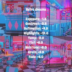 the interior of a diner with pink and blue walls, checkered flooring and neon lights