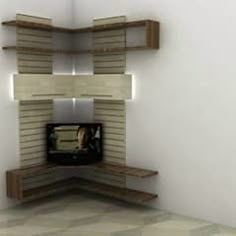 a television sitting on top of a wooden shelf