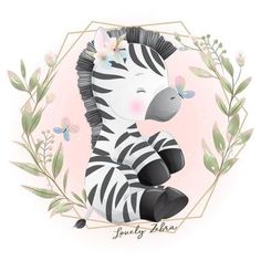 a cute zebra is sitting in the middle of some leaves and flowers with a butterfly on it's head