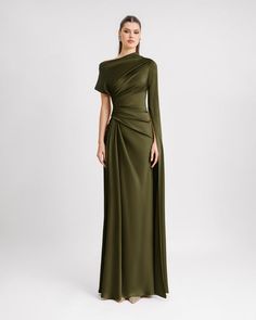 Gemy Maalouf | Evening Dresses | Asymmetrical Neckline Draped Dress Black Tie Wedding Attire, Dress Classy Elegant, Vintage Satin Dress, Dresses Elegant Long, Debutante Dresses, Long Sleeve Satin Dress, Satin Dresses Long Sleeve, Long Green Dress, Chic Dress Classy