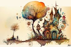 an artistic painting of a house with trees and houses on the roof, surrounded by bubbles