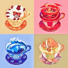 four different colored cups and saucers with designs on them