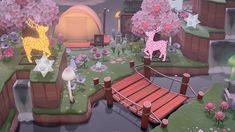 an animated scene with pink flowers and animals in the foreground, on top of a bridge