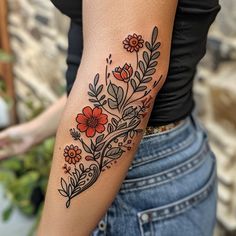 Wildflower Tattoo Flash Collection Bold Line Work Tattoo, Cottage Garden Tattoo, American Traditional Wildflower Tattoo, Tattoo Ideas Female American Traditional, American Style Flower Tattoo, Woman’s Sleeve Tats, Wildflower Calf Tattoo, American Traditional Floral Sleeve, Traditional Floral Shoulder Tattoo