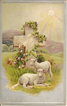 an old postcard with two lambs in the grass and a cross on it