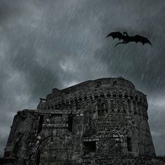 a bat flying over an old castle in the rain