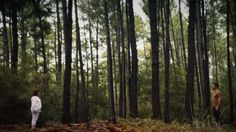 two people standing in the middle of a forest looking at each other and one person is staring into the distance