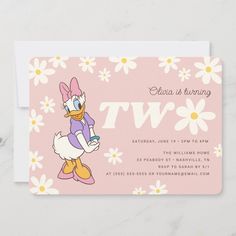 Retro Daisy Duck | Daisy 2nd Birthday Disney Template 2year Birthday, Retro Invitation, Baby Shower Invitation Wording, Baby Daisy, 32 Birthday, 2nd Birthday Party