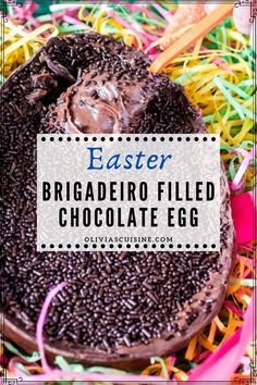 easter chocolate filled egg with sprinkles on it and the title overlay reads,