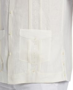 Embrace timeless Latin style in this men's guayabera shirt from the Cubavera Collection. Embroidered pintuck detailing on the front and back along with the four buttoned front pockets give this classic wardrobe staple its distinctive tropical-inspired style. This breathable linen shirt features plain weave fabrication for lasting durability and comfort. The French cuffs can be worn with the provided buttons or fastened with your own cufflinks for an elevated custom look. 100% Linen Classic Fit ( Mens Guayabera Shirts, Guayabera Shirt, Tie Dye Fashion, French Cuff, Classic Wardrobe Staples, Classic Wardrobe, Pin Tucks, Visual Kei, Plain Weave