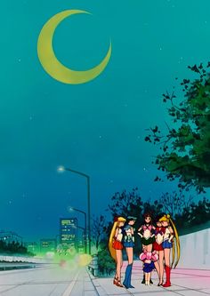 three women standing on the street in front of a full moon and crescent above them