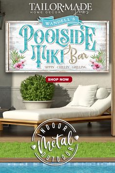 Pool Signs-Pool and Patio Signs all white washed background with the words Poolside Tiki Bar with florals.