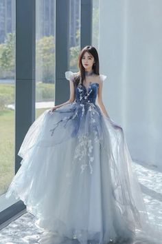 Blue Tulle Long A-Line Prom Dress with Lace Lovely Evening Party Dress Dress Promnight, Prom Queen Dress, Blue Princess Dress, Prom Dress With Lace, Lace Long Prom Dress, Prom Dress Blue, Blue Evening Dress, A Line Prom Dress, Gown Princess