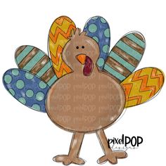 a drawing of a turkey with an egg on it's head and its tongue out