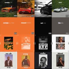 an orange and black collage with images of cars, people, and words on it