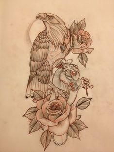 a drawing of an eagle with roses on it