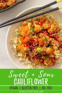 sweet and sour cauliflower is served over white rice with chopsticks on the side