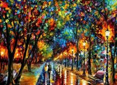 a painting of people walking down the street in the rain with umbrellas and trees