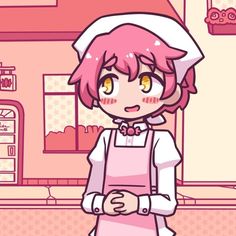 an anime character with pink hair and yellow eyes standing in front of a counter top