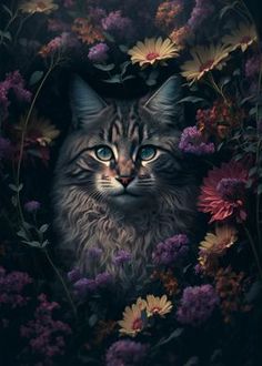 a painting of a cat surrounded by flowers and daisies on a black background with blue eyes