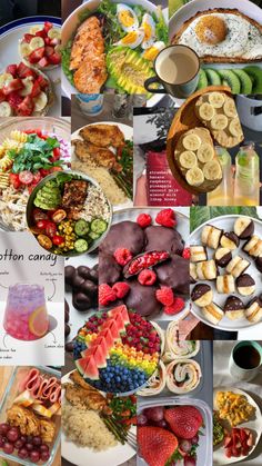 a collage of pictures with different foods and drinks on them, including fruit, chocolates, strawberries, bananas, raspberries, watermelon