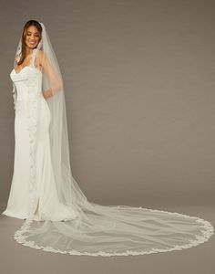 a woman in a wedding dress and veil posing for the camera with her hands on her hips