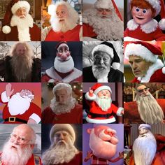 there are many different santa clauss in this collage, including one with his eyes closed