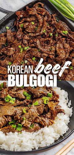 A collage image of korean beef bulgogi. Marinade For Flank Steak, Korean Food At Home, Korean Beef Bulgogi, Simple Marinade, Best Korean Food, Easy Korean Recipes, Bulgogi Recipe, Beef Steak Recipes, Bulgogi Beef