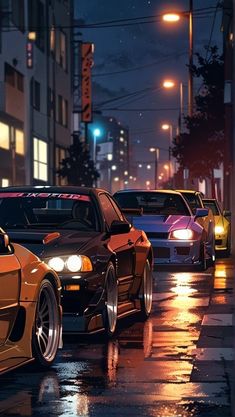 there are many cars parked on the side of the street at night, and one is orange