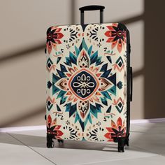 Traveling is best done in style, and suitcases help anyone do exactly that. Available in multiple sizes to accommodate your needs, they come with an adjustable handle, 360 degree swivel wheels, a safety lock, and an adjustable handle for carefree movement through airports and cities. To achieve high-resolution designs, prints go on a canvas surface that is encapsulated in the PC shell. Sizes: - Small:             - Height with wheels: 23 inches             - Length: 13.50 inches             - Width: 9 inches            - Handle Length: 21.46 inches  - Medium:             - Height with wheels: 26.75 inches             - Length: 16.50 inches             - Width: 10 inches            - Handle Length: 17 inches  - Large:             - Height with wheels: 31 inches             - Length: 20.50 i Bohemian Travel Bag With Luggage Sleeve, Multicolor Bohemian Travel Bag For Trip, Bohemian Travel Bag With Luggage Sleeve For Weekend Trips, Boho Travel, Luggage Bags Travel, Swivel Wheels, Luggage Bag, Suitcase Traveling, Bag Travel