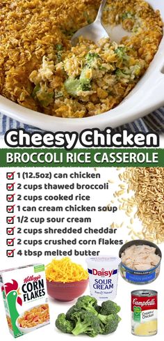 broccoli rice casserole recipe in a white dish with ingredients to make it