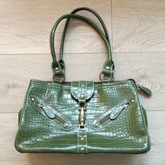 Leather Croc Print Olive Green Satchel Handbag From Italy. Purchased In Florence, Italy During A Trip. Gorgeous Bag With Lots Of Interior Pockets. Elegant And Sophisticated. Elegant Green Satchel With Metal Hardware, Green Satchel With Silver-tone Hardware And Double Handle, Chic Green Satchel With Silver-tone Hardware, Green Bags With Metal Hardware For Shopping, Green Shopping Bag With Metal Hardware, Green Shopping Bags With Metal Hardware, Green Shoulder Bag With Metal Hardware For Shopping, Coach Sling Bag, Green Satchel