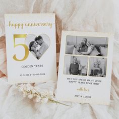 an anniversary card with two photos on it and a flower in front of the photo