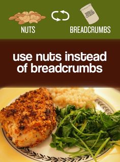 an advertisement for breadcrumbs is shown with chicken and greens on the plate