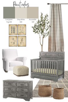 a baby's nursery room with neutrals and whites, including a gray crib