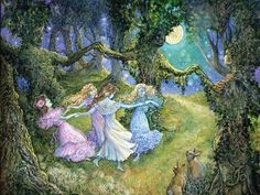 three women are dancing in the woods with deers and trees behind them, one woman is