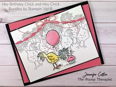 a birthday card with an image of chickens and balloons