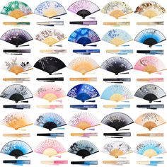 many different types of hand fans are shown in various colors and designs on the white background