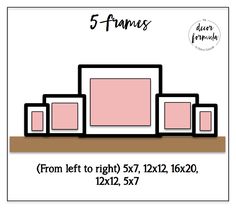 the 5 frames are shown on top of a shelf with pink and black squares around it