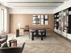 a modern living room with wood paneling and black accents on the walls, along with an l - shaped dining table surrounded by chairs