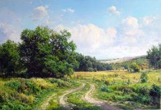 a painting of a dirt road in the middle of a field