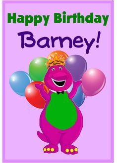 a happy birthday card with an image of a purple dinosaur wearing a crown and holding balloons