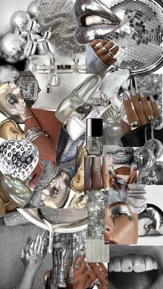 a collage of silver and white images with shoes, jewelry, and other items