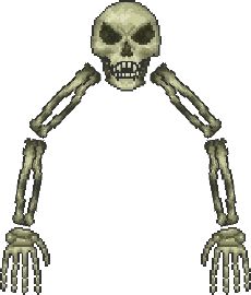 a pixellated image of a skeleton with hands