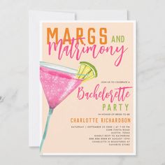 Margs & Matrimony Margarita Orange Bachelorette  Invitation Margaritas Bachelorette Party, Margarita Hens Party, Margs And Matrimony Invitations, Marg Bach Theme, Last Margarita As A Senorita Bachelorette, Marks And Matrimony Bachelorette Party, Margarita And Matrimony Bachelorette, Margs Bachelorette Theme