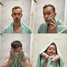 a man is holding a baby wrapped in a towel